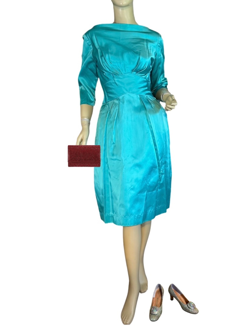 VINTAGE 1950'S AQUA BLUE SATIN EMMA DOMB PARTY DRESS (11/S)